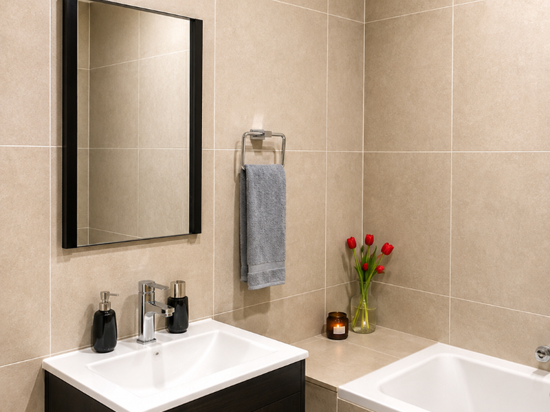 Modern bathroom featuring a wall-mounted vanity with a ceramic basin, chrome fixtures, a framed mirror, and neutral ceramic wall tiling.