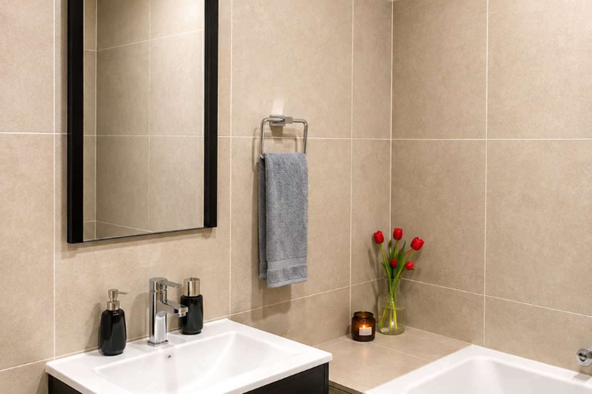 Modern bathroom featuring a wall-mounted vanity with a ceramic basin, chrome fixtures, a framed mirror, and neutral ceramic wall tiling.