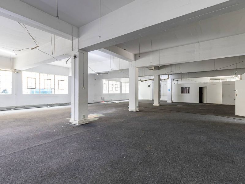 Expansive open-plan industrial space featuring exposed concrete structural columns and beams, large windows, and carpeted flooring, suitable for versatile commercial or office use.