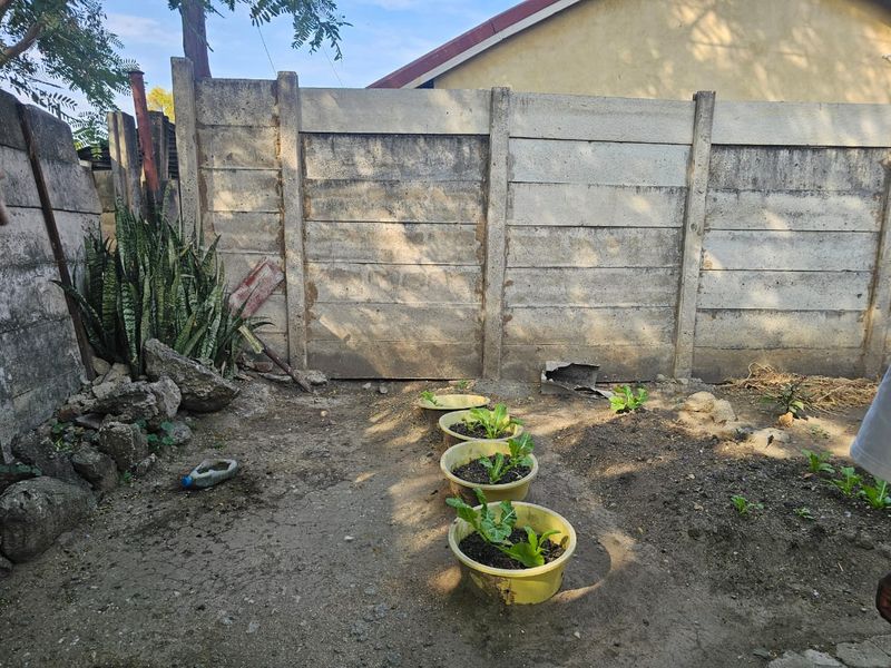 A small backyard garden area featuring a precast concrete boundary wall and unpaved ground, offering potential for landscaping and outdoor improvement.