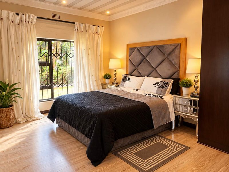 A well-maintained bedroom featuring laminate flooring, recessed ceiling lighting, decorative molding, and a secure window with a fitted security gate.