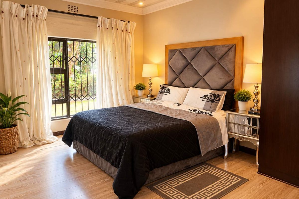 A well-maintained bedroom featuring laminate flooring, recessed ceiling lighting, decorative molding, and a secure window with a fitted security gate.