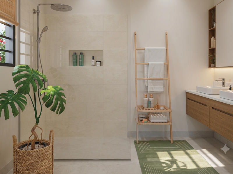Modern bathroom featuring a spacious walk-in shower with a recessed niche, a floating double vanity with stone countertops, and contemporary fixtures.
