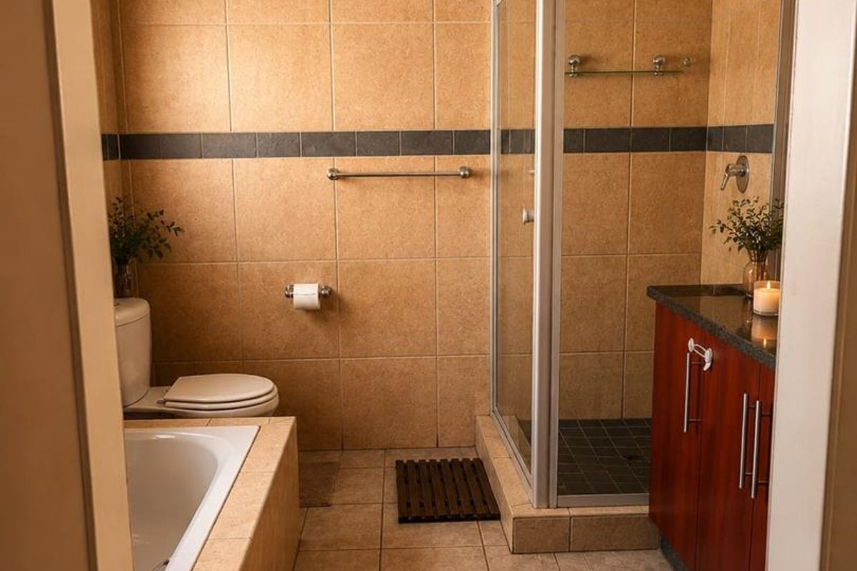 A functional bathroom featuring a built-in bathtub, separate shower enclosure, and a wooden vanity cabinet with tiled finishes throughout.
