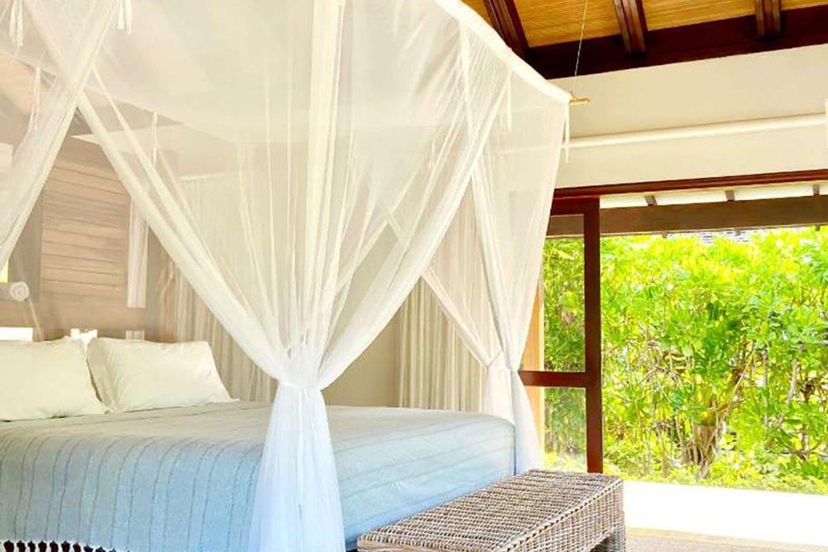 A bright bedroom featuring a high vaulted timber ceiling with exposed beams and large sliding doors opening to a lush tropical garden.