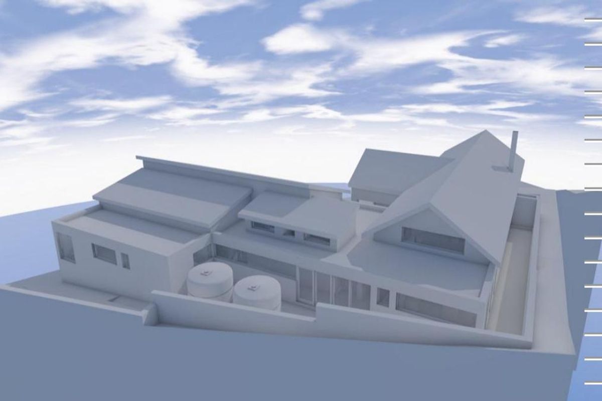 A 3D architectural render showing the proposed layout and massing of a residential property, including roof structures and exterior walls.