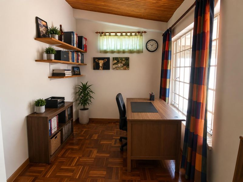 A well-maintained home office featuring warm timber parquet flooring, a vaulted timber-paneled ceiling, and a large multi-pane window providing natural light.