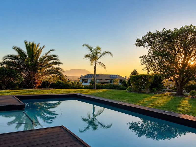 A beautifully landscaped garden featuring a swimming pool with timber decking, overlooking the property and distant mountain views at sunset.