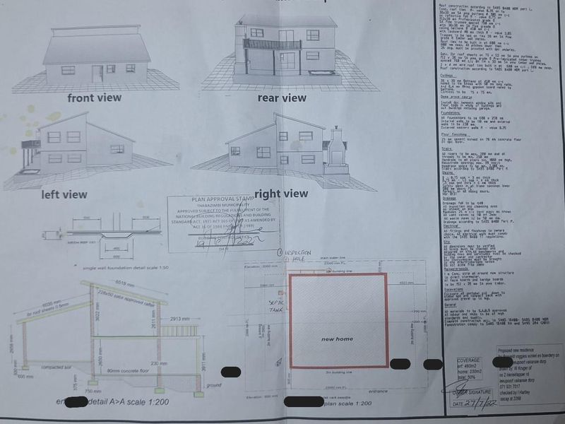 Architectural floor plan and elevation drawings for a proposed new residential home, including foundation and construction specifications.
