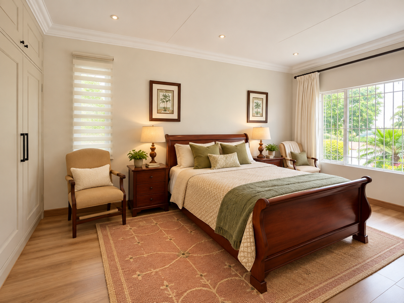 A well-maintained bedroom featuring built-in wardrobes, recessed lighting, coving, and laminate flooring, with natural light provided by large windows.