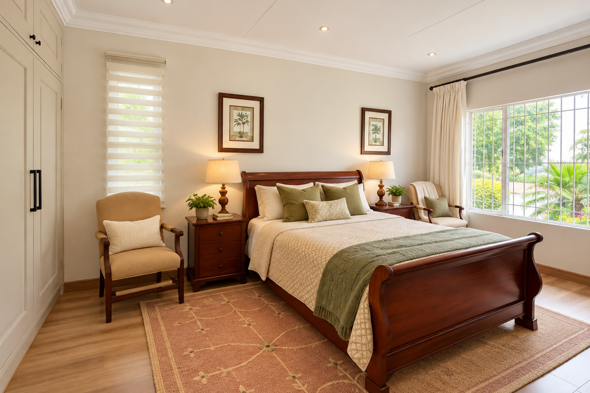 A well-maintained bedroom featuring built-in wardrobes, recessed lighting, coving, and laminate flooring, with natural light provided by large windows.