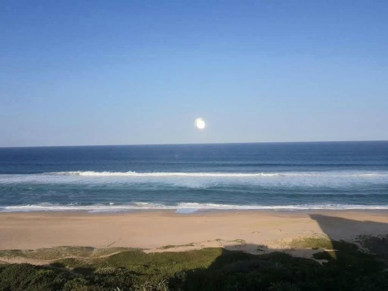 A scenic elevated view of the ocean, sandy beach, and coastal vegetation.