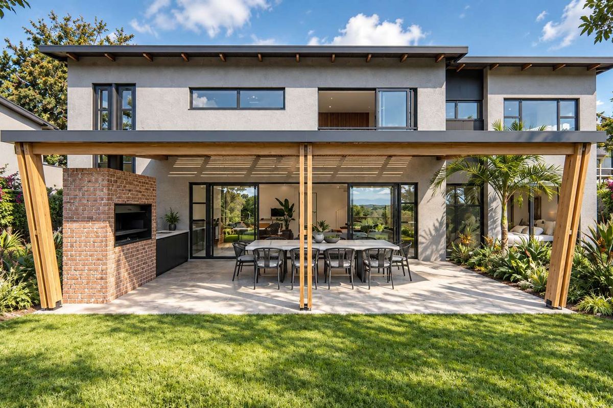 A beautifully designed rear exterior featuring a covered patio with a timber pergola, built-in brick fireplace, outdoor kitchen area, and seamless indoor-outdoor flow.