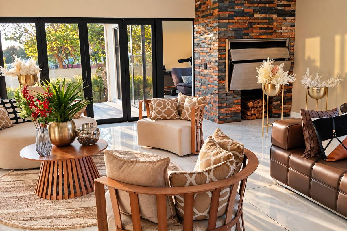 Spacious living room featuring a striking stone-clad built-in fireplace, polished tiled flooring, and large bi-fold doors providing seamless access to the outdoor area.