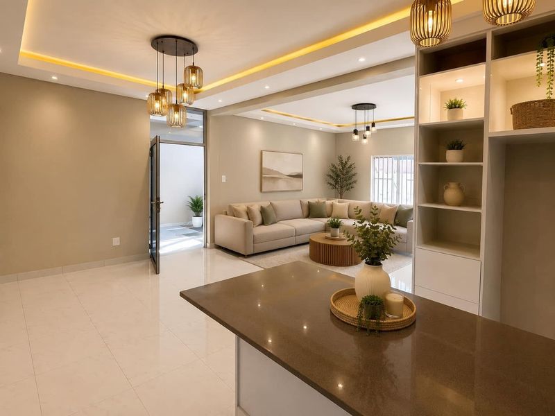 Modern open-plan living area featuring tiled floors, recessed ceiling lighting, and a built-in shelving unit, seamlessly connecting to the kitchen space.