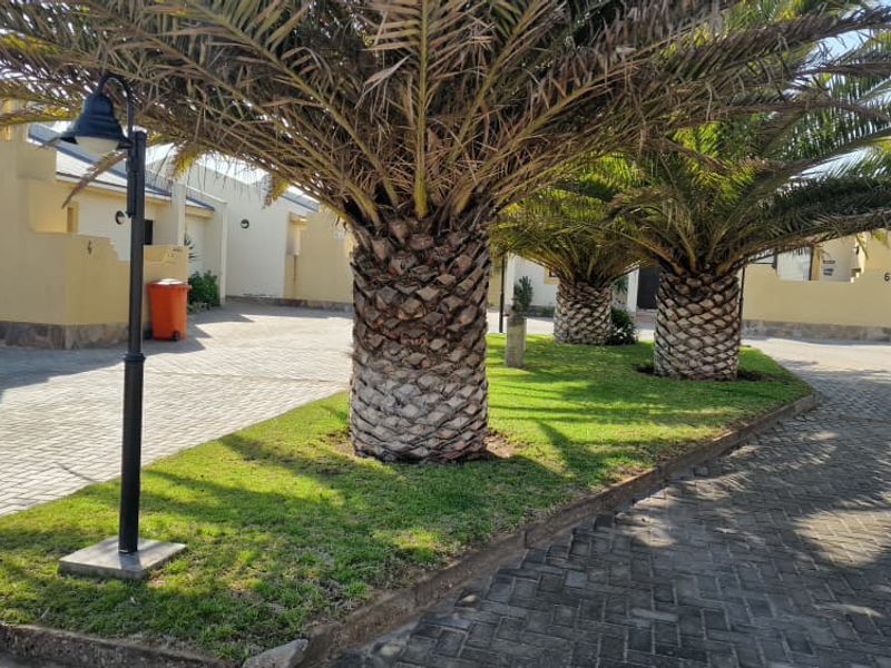 A well-maintained townhouse complex exterior featuring paved driveways, mature palm trees, and neat garden beds leading to individual garage entrances.