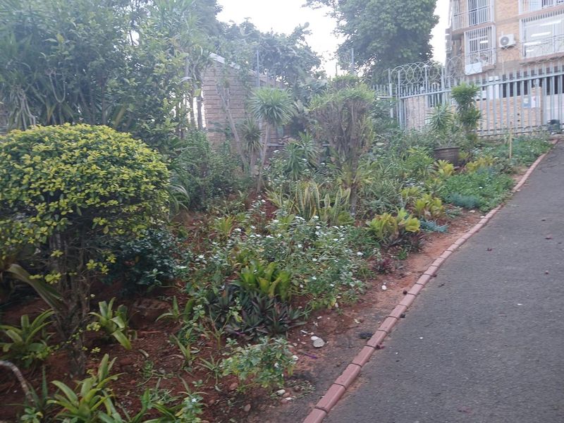 A landscaped garden area featuring a variety of shrubs and plants alongside a paved walkway with brick edging, enclosed by security fencing.