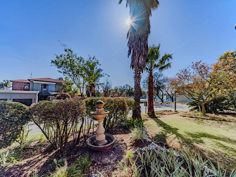 A well-maintained garden area featuring a decorative stone fountain, mature palm trees, and established landscaping.