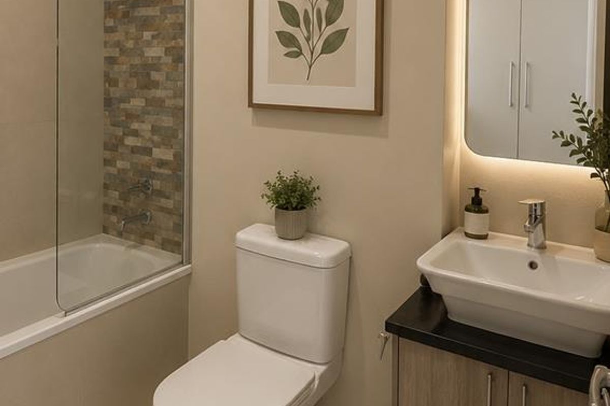 Modern bathroom featuring a vessel sink vanity with backlit mirror, a bathtub with glass screen, and a stylish stone tile feature wall.