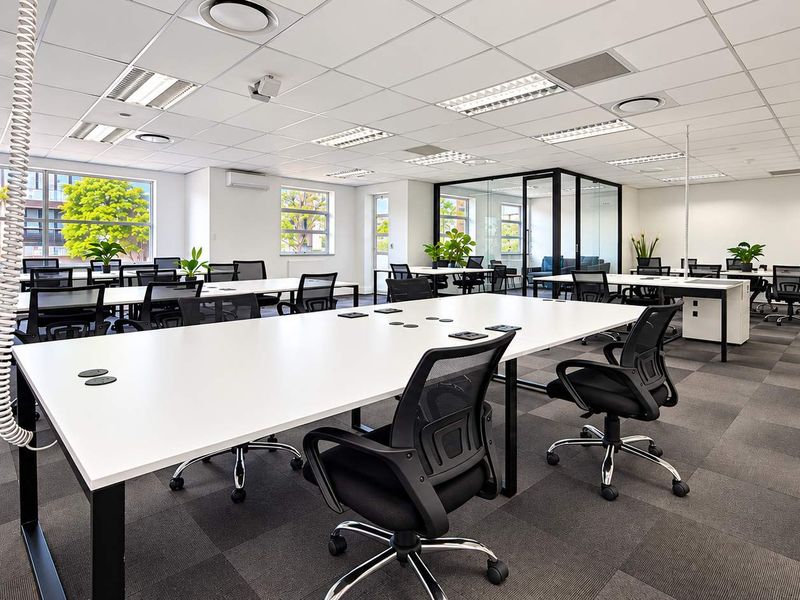 A modern, open-plan office space featuring suspended ceilings, recessed lighting, carpeted flooring, and a glass-partitioned meeting area with large windows.