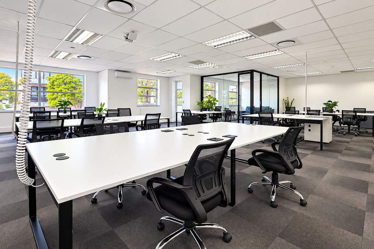 A modern, open-plan office space featuring suspended ceilings, recessed lighting, carpeted flooring, and a glass-partitioned meeting area with large windows.