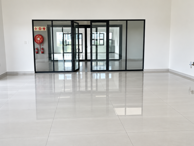 A bright, modern open-plan office space featuring polished porcelain floor tiles and a sleek black-framed glass partition wall.