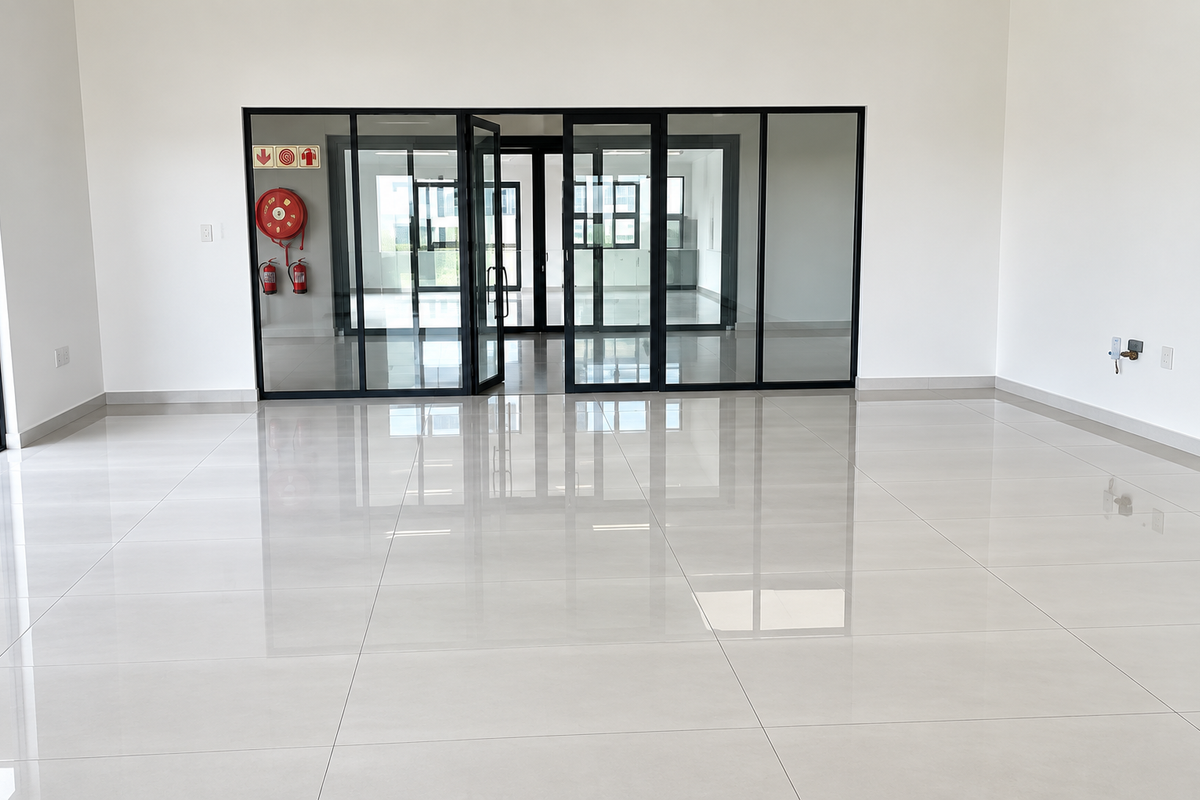 A bright, modern open-plan office space featuring polished porcelain floor tiles and a sleek black-framed glass partition wall.