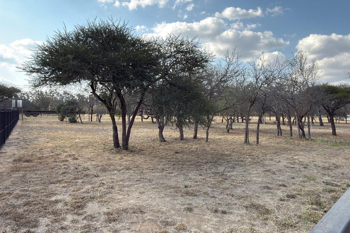 A view of a vacant commercial land plot featuring established trees and perimeter fencing.