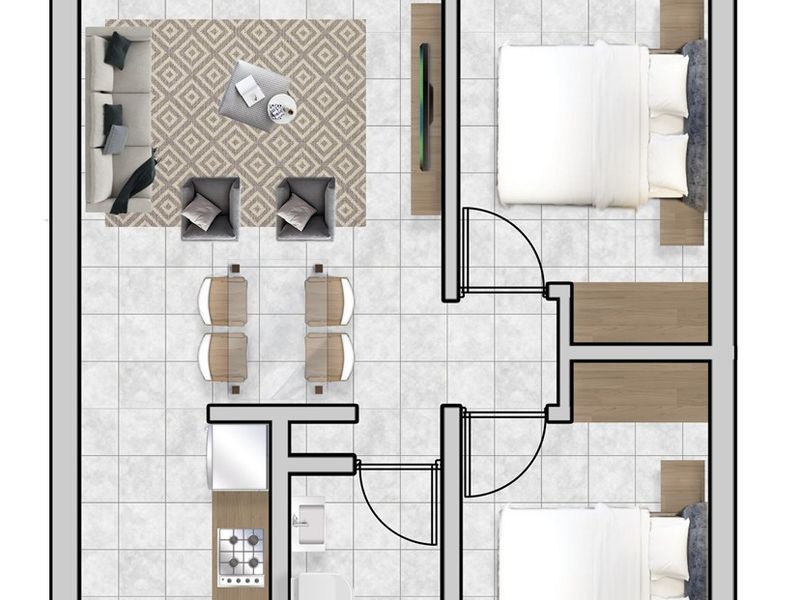A detailed 2D floor plan showing the layout of an apartment, including the kitchen, living area, two bedrooms, bathroom, and balcony.