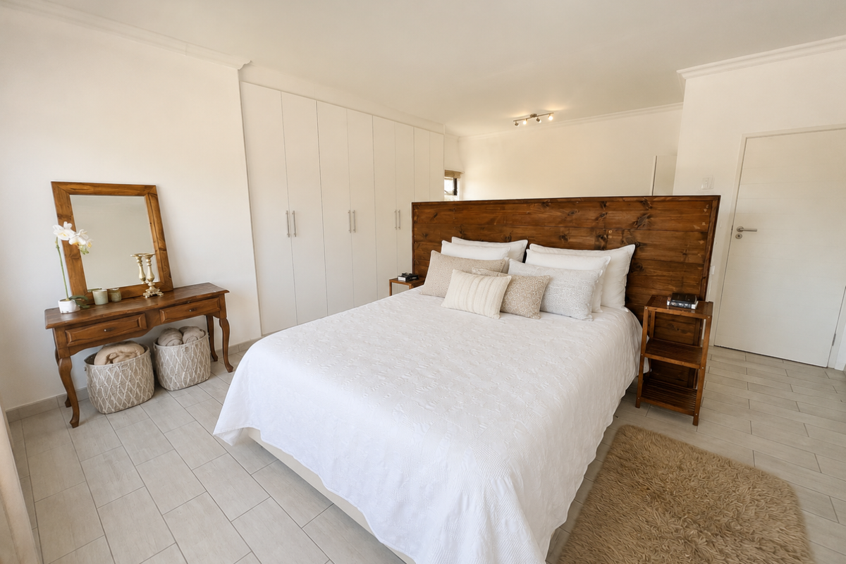 A bright and well-maintained bedroom featuring neutral tiled flooring, extensive built-in cupboard storage, and a clean, minimalist aesthetic.