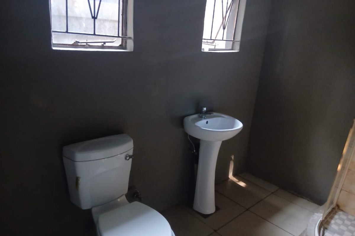 A functional bathroom featuring a pedestal basin, toilet, and shower enclosure with unfinished plaster walls and security bars on the windows.