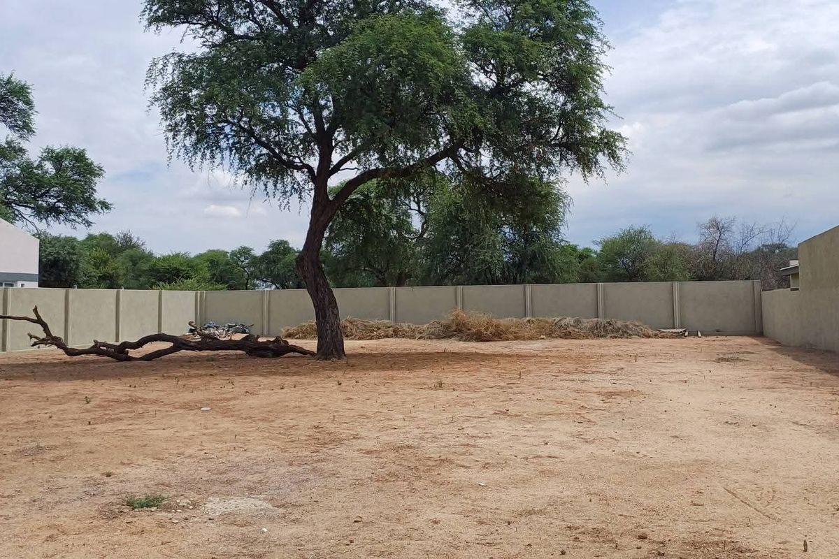 A vacant residential plot featuring a mature tree and enclosed by a precast concrete boundary wall.