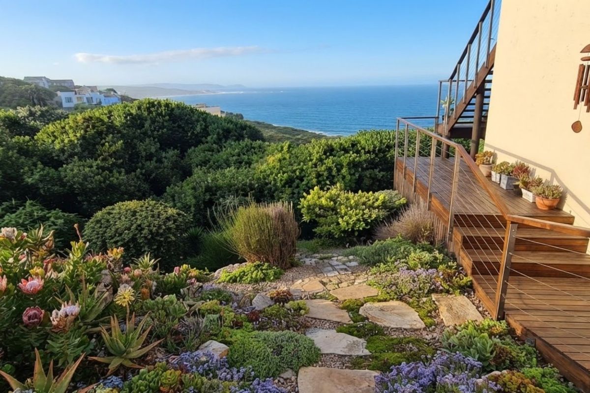 A scenic rear exterior view featuring a timber deck, metal staircase, and a landscaped garden overlooking the ocean.