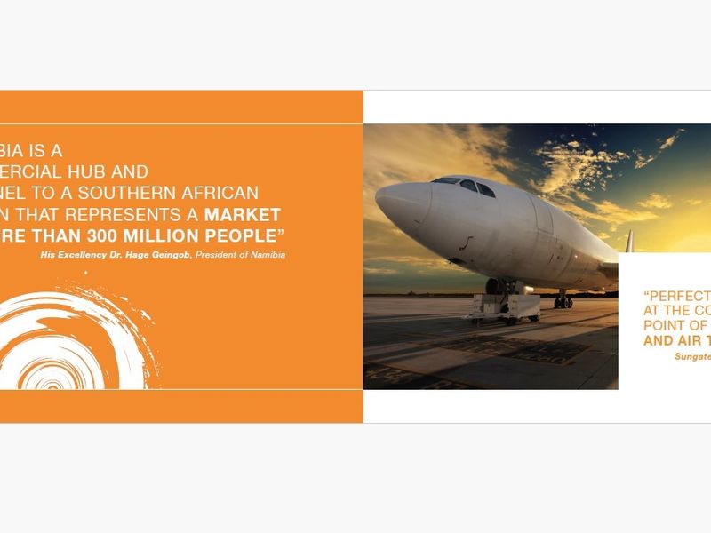 Promotional marketing material for a commercial logistics hub in Namibia, highlighting its strategic location for road, rail, and air transport connectivity.