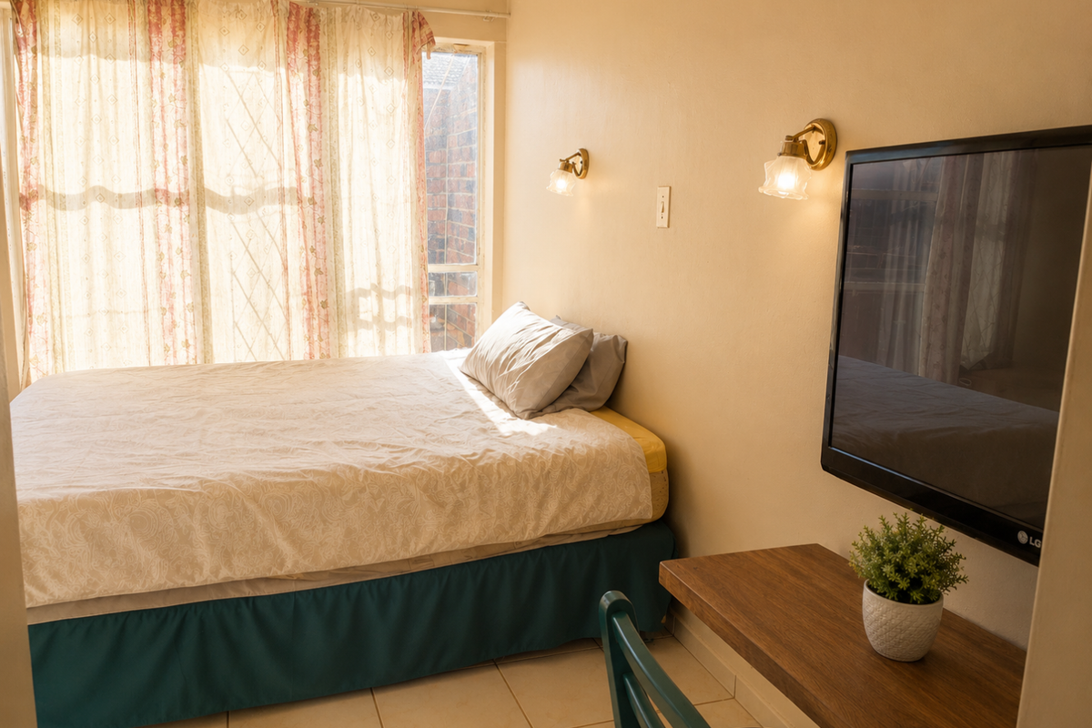A compact bedroom featuring tiled flooring, wall-mounted lighting, and a built-in desk area, with natural light entering through a large window.