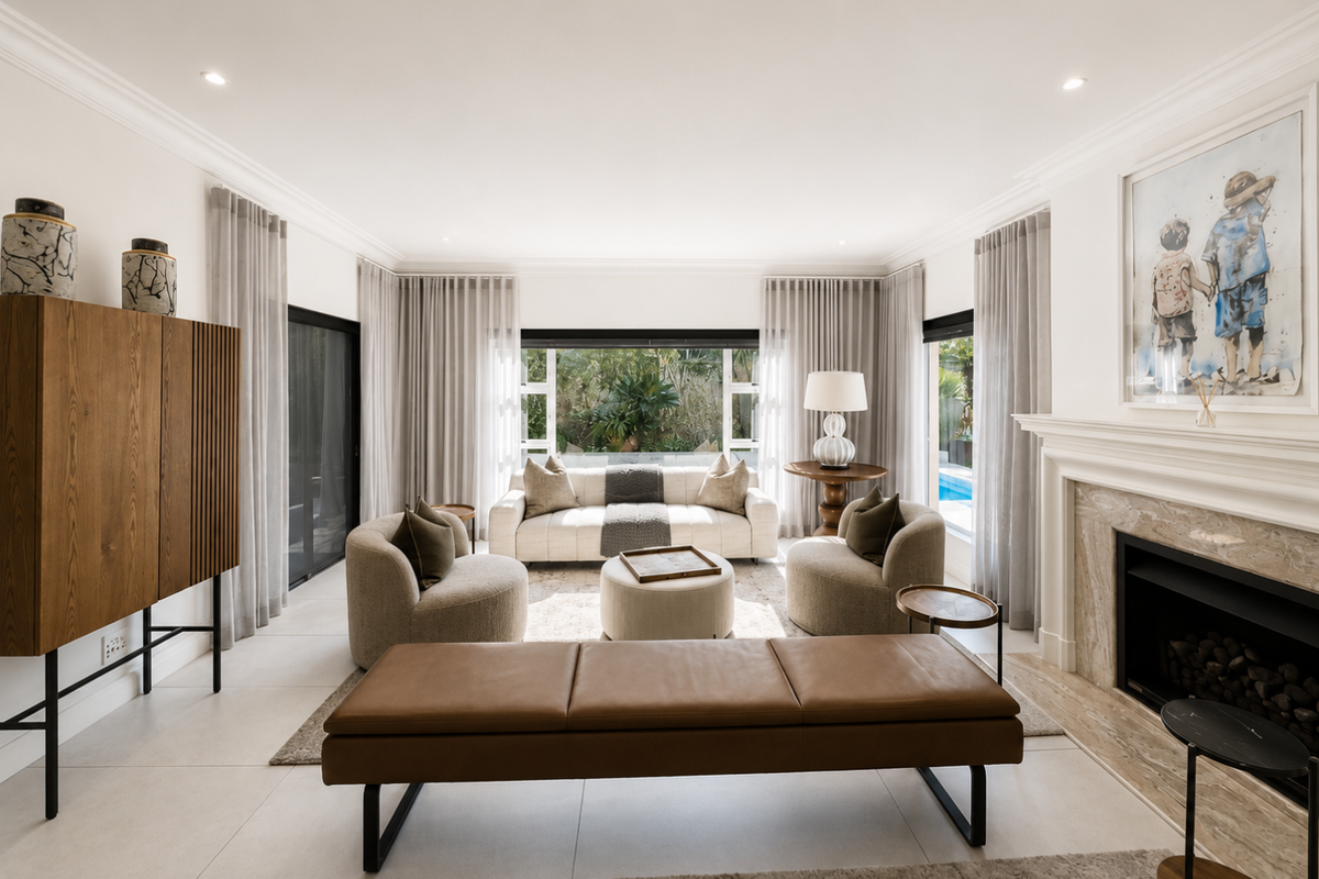 Elegant living room featuring a marble fireplace, large sliding glass doors leading to the pool area, and modern tiled flooring with recessed lighting.