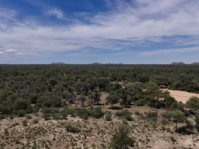 An expansive aerial view of the farm landscape, showcasing natural vegetation, open terrain, and distant hills under a clear blue sky.
