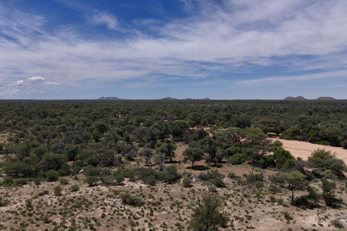 An expansive aerial view of the farm landscape, showcasing natural vegetation, open terrain, and distant hills under a clear blue sky.