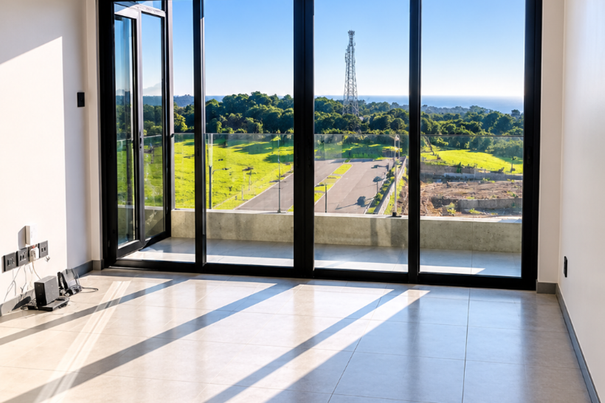 A bright, empty living area featuring large format floor tiles, recessed lighting, and expansive black-framed sliding doors opening onto a balcony with scenic views.
