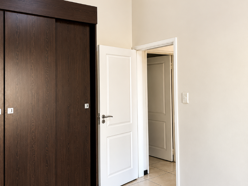 A clean, empty bedroom featuring neutral tiled flooring, coving, and a large dark wood built-in sliding wardrobe with access to an adjoining room.