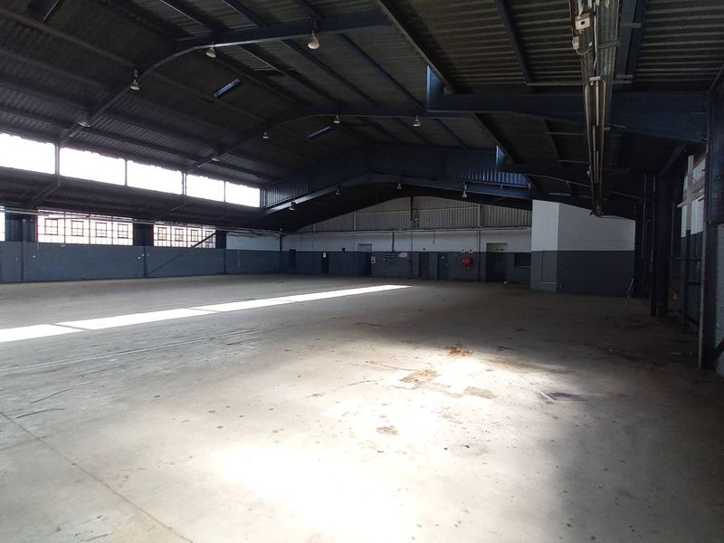 Spacious industrial warehouse featuring high ceilings, exposed steel trusses, large clerestory windows, and durable concrete flooring, suitable for various commercial or storage operations.