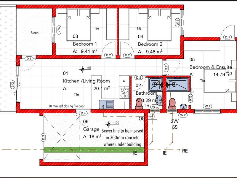 Architectural floor plan showing a townhouse layout with kitchen, living area, three bedrooms, bathroom, and garage.