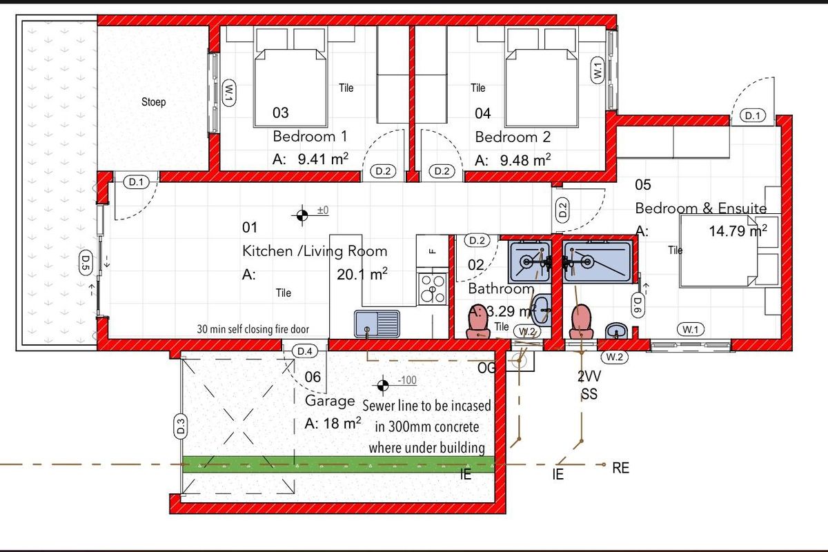 Architectural floor plan showing a townhouse layout with kitchen, living area, three bedrooms, bathroom, and garage.