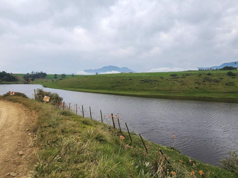 Scenic view of a farm dam with surrounding rolling hills and a dirt access road.