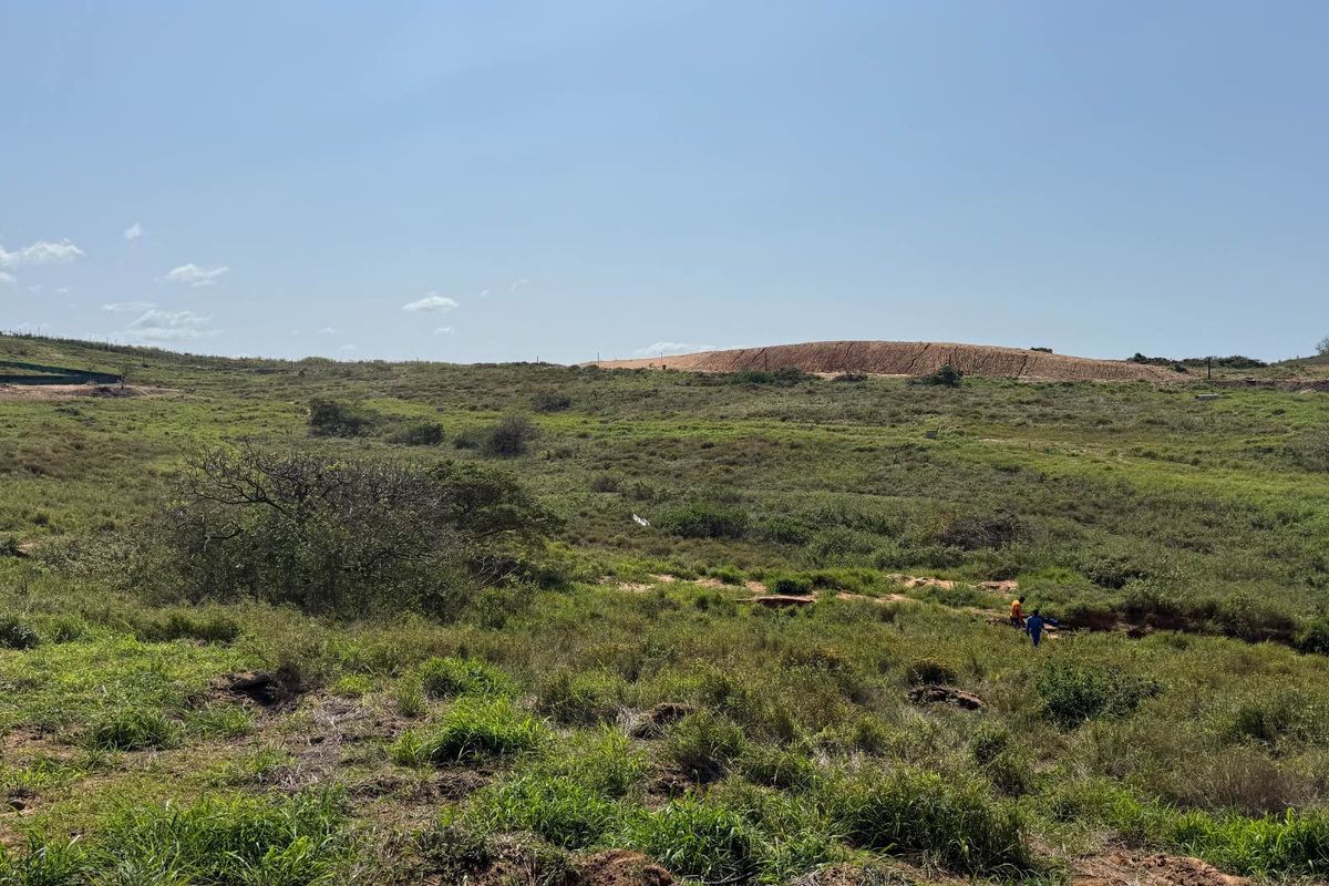 A wide-angle view of an expansive, undeveloped residential plot featuring natural terrain and native vegetation under a clear sky.