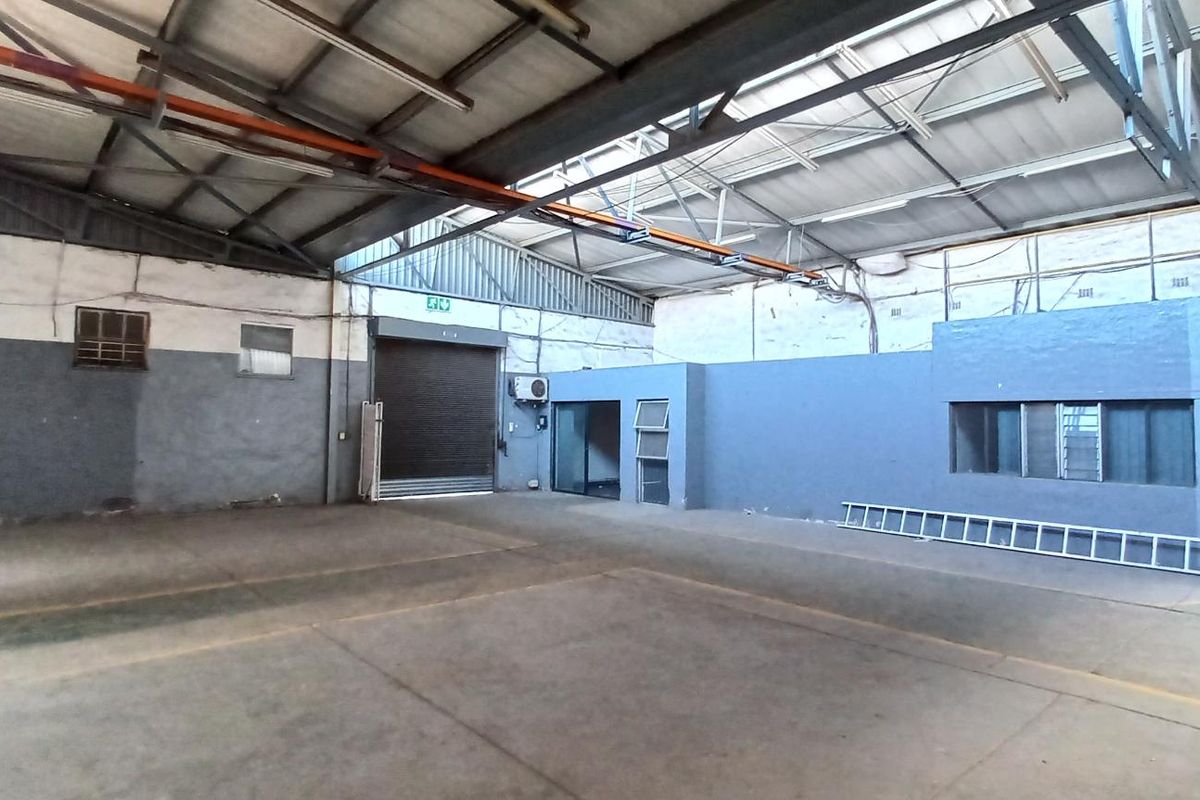 Spacious industrial utility area featuring high ceilings with exposed steel trusses, concrete flooring, and a large roller shutter door for easy access.