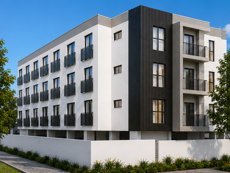 Modern multi-story apartment building featuring a clean white and black facade, private balconies with metal railings, and ground-level parking.