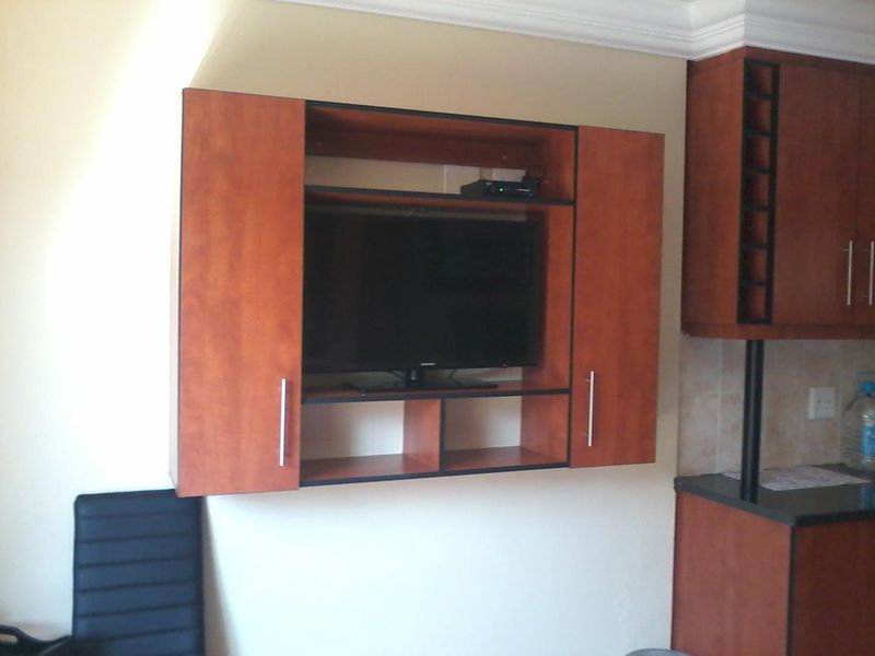 Open plan living area featuring built-in wall cabinetry for media storage and a kitchen section with granite countertops and wooden cabinetry.