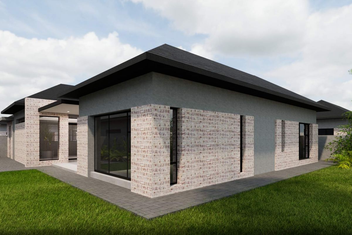 A modern exterior view of a townhouse featuring a combination of light brickwork and grey render, with dark window frames and a tiled roof.