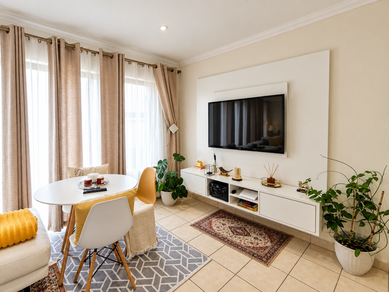 A bright living area featuring tiled flooring, a wall-mounted media console, and large windows with floor-to-ceiling curtains.